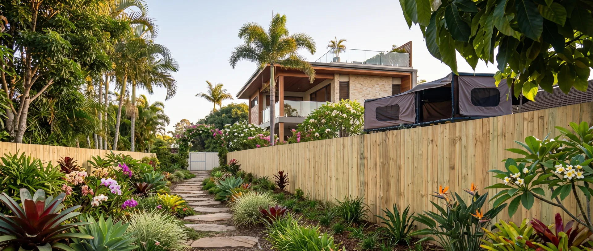 Architectural timber fencing and retaining walls in Sunshine Coast home